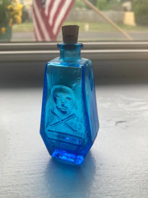 Wheaton Glass Millville NJ Mini Coffin Poison Skull Bottle Sapphire Blue 3"