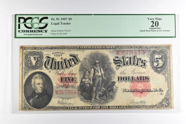 PCGS VF 20 $5 1907 US Legal Tender Large Note Red Seal Fr. 91 *8271