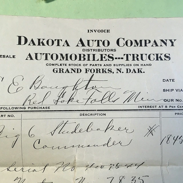 1927 Dakota Auto Co Grand Forks bill of sale Studebaker Commander 1845.00 ND