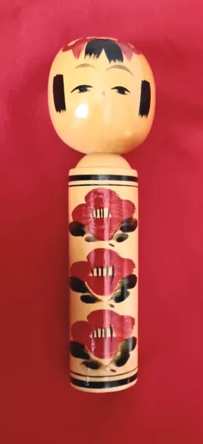 KOKESHI Doll 7" Wooden Japanese Traditional Handpainted SIGNED Wood Red Flowers