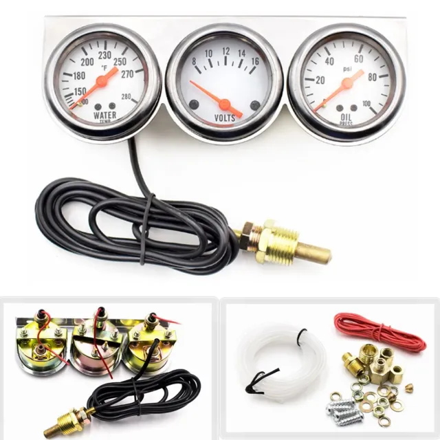 2'' 52mm Chrome Volt Water Oil Pressure Triple 3 Gauge Set Gauges Kit Universal