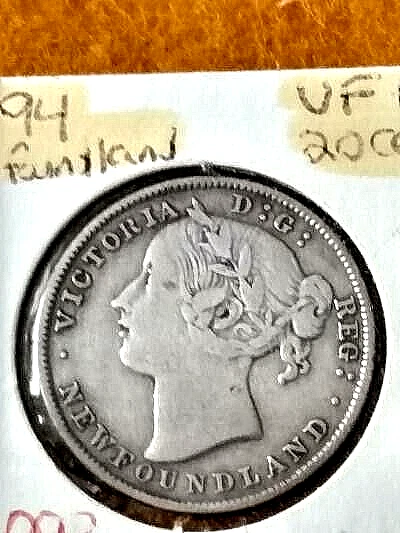 1894 Canada Newfoundland Victoria Twenty Cents 20C Piece Scarce Vf/+