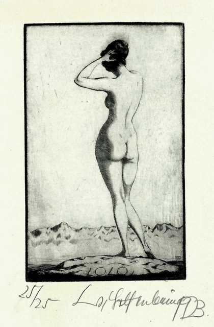 Walter Helfenbein: Exlibris / Weibl. Rückenakt vor Gebirge Walter Helfenbein: Exlibris / Weibl. Rückenakt vor Gebirge