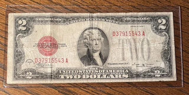 1928-E $2 Two Dollar Bill Red Seal United States Note VG/FINE FREE SHIPPING