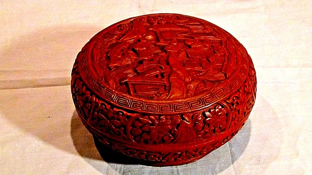 Antique Chinese Carved Red Lacquered Ornate Round Scholar's Scene Cinnabar Box