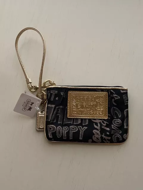 Coach Poppy Story Patch Black Gold Wristlet 44070 New