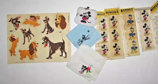 1940s-50s Vtg Disney Bondex Mickey Mouse Lady Tramp Applique Transfers Hankies +