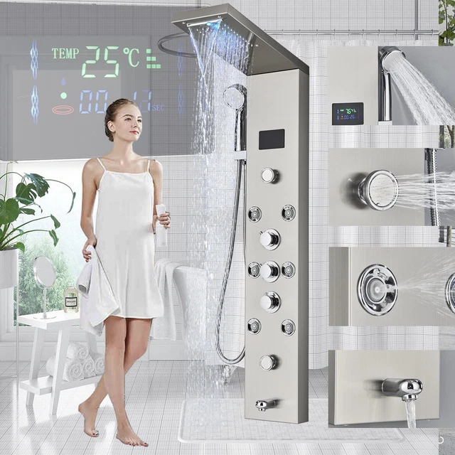 LED Panel de Ducha Columna Cabezal de Ducha de lluvia y Cascada 5 vías Mezclador