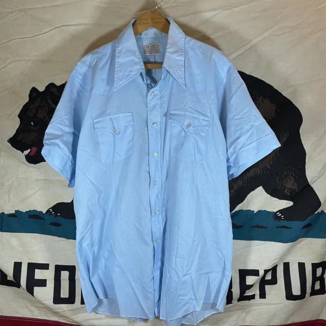 Vintage 60s 70s H Bar C Long Tail Button Up Short Sleeve Baby Blue Shirt 25x33