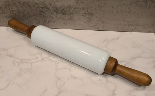 The Wizard Products Co Chicago,  Milk Glass Rolling Pin Wood Handles 18.75" EUC