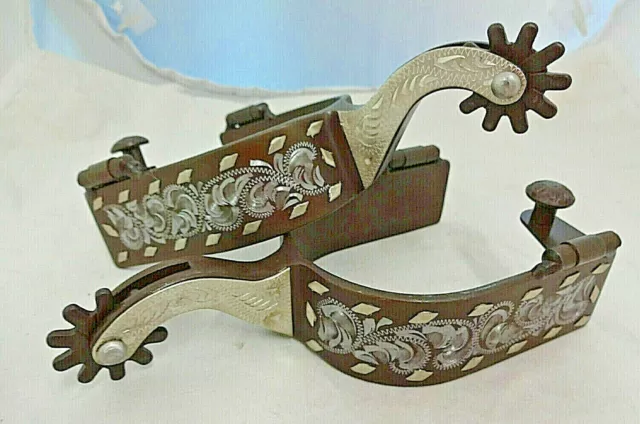 Pair Spurs Brown Iron Engraved Buckstitch German Silver Tough 1 Horse Tack NWT