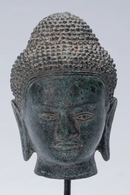 Antique Khmer Style Mounted Bronze Phnom Da Buddha Head Statue - 22cm/9"