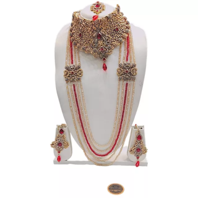 Indian Mini Bridal 5 Piece Jewellery Wedding Set In Gold Long Mala Crystal Beads