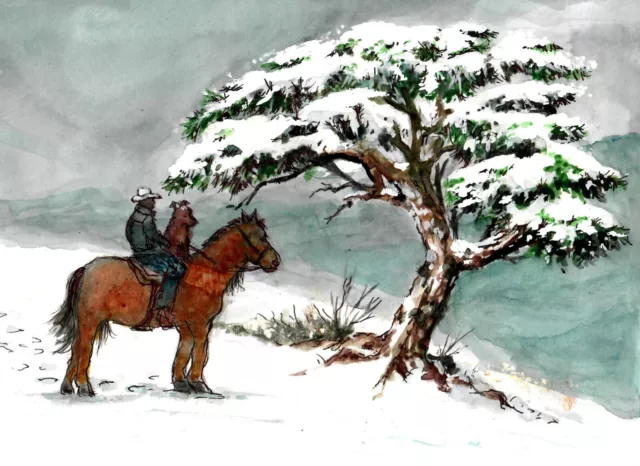 Cowboy In The Snow, Cowboy Horse And Dog, Cowboy Art Print, Western Winter Print