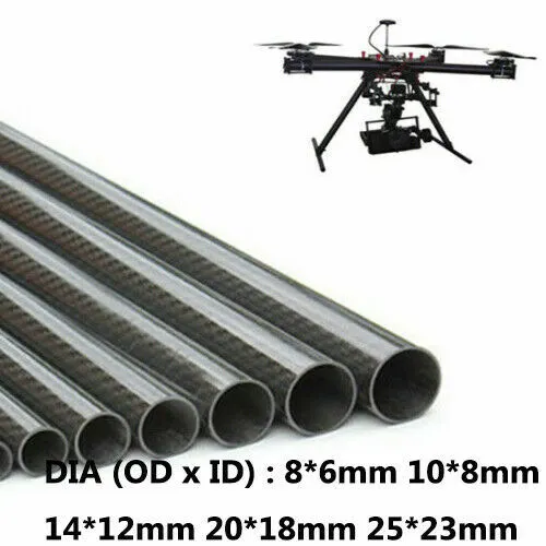 3K Carbon Fiber Tube Pipe Glossy OD 8 10 14 20 25 32mm Length 100 250 500mm