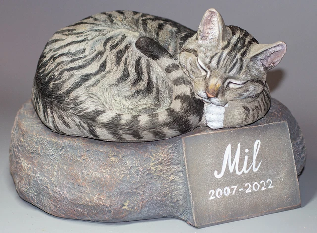 Urna de gato a rayas única piedra conmemorativa mascota tumba decoración marcador funerario escultura