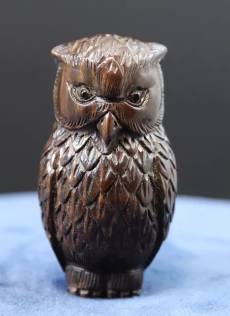 Netsuke bois sculpté vintage Japan figurine hiboux chouette owl signé