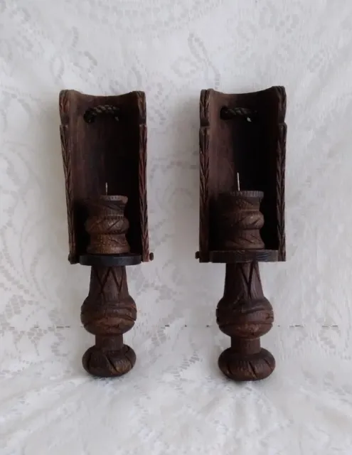 Vintage Antique Carved Wood Gothic Medieval Wall Sconces Candle Holders Set of 2