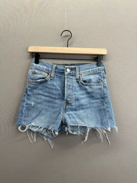 Levis Womens Blue Denim Shorts Wedgie Skinny Cut Off Distressed Size 25"