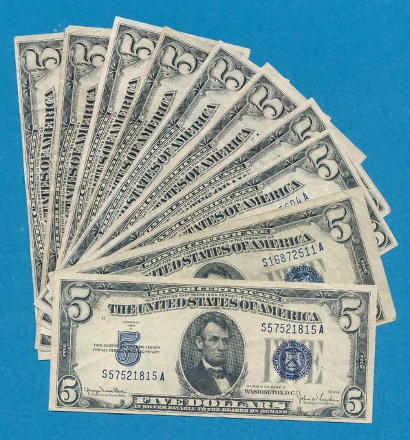 10-$5.00 1934 Mixed Series Blue Seal Silver Certificates Nice Vf+Xf Lot