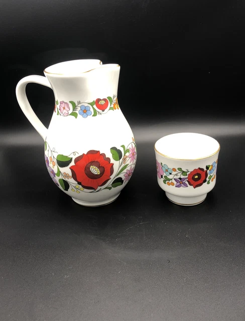 Vtg KALOCSA Porcelain Pitcher Handpainted from Hungary 0186 Floral Set 7 3/8”