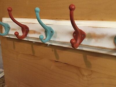 Hand Made Hat An Coat Rack Distressed White 5 Colorful Cast Iron Hooks