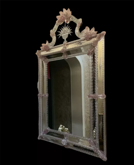 Impressive Mirror Venetian IN Murano Glass Pink With Coping And Blossom