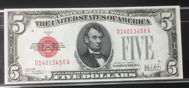 1928 $5 United States Note - Red Seal - Crisp Unc. in SLEEVE ~ FREE SHIPPING
