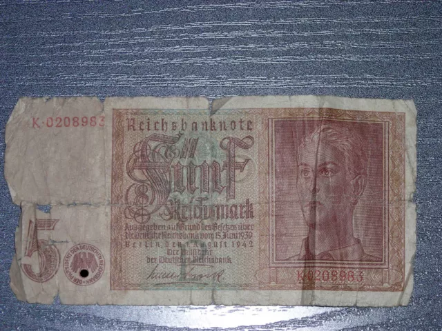 Geldschein: Reichsbanknote Fünf/5 Reichsmark 1942