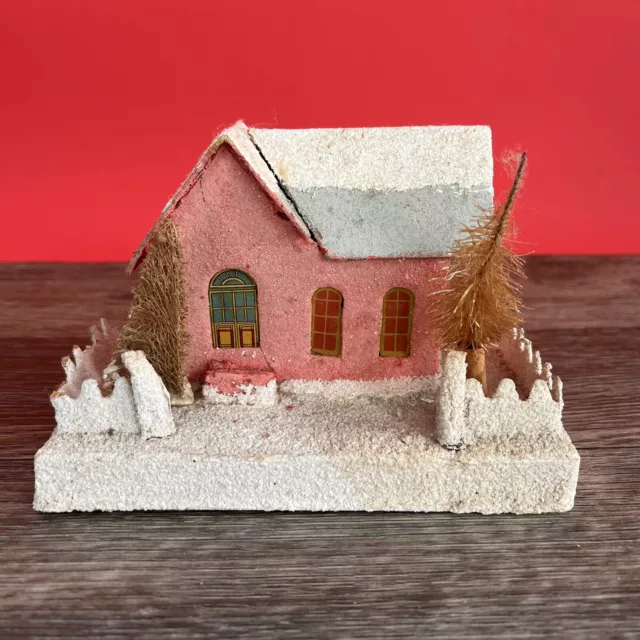 Vintage Christmas Japan Putz Cardboard Church House Mica, Glitter, Trees, Pink