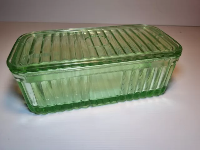 Vintage Art Deco Ribbed Green Depression Glass Butter/Cheese Dish #3