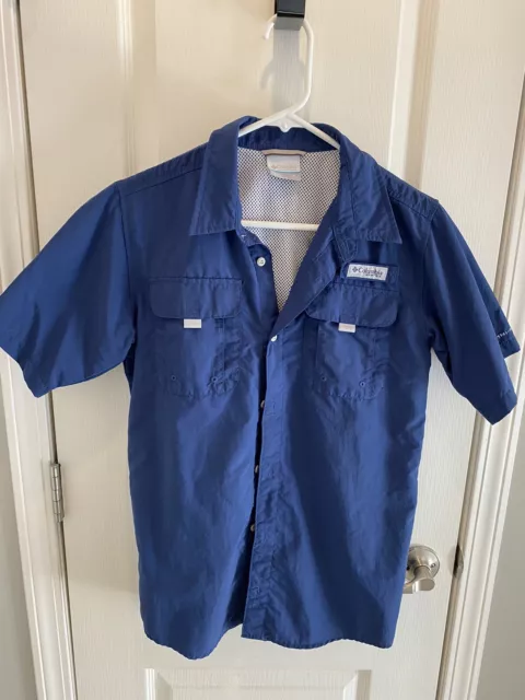 Columbia PFG Button Up Fishing Shirt Blue Short Sleeve Vented Youth Boys XL 🎣