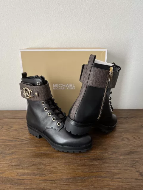 NIB $195 MICHAEL KORS Rory Black w/Brown MK Logo Trim Leather Combat Boot 7.5M