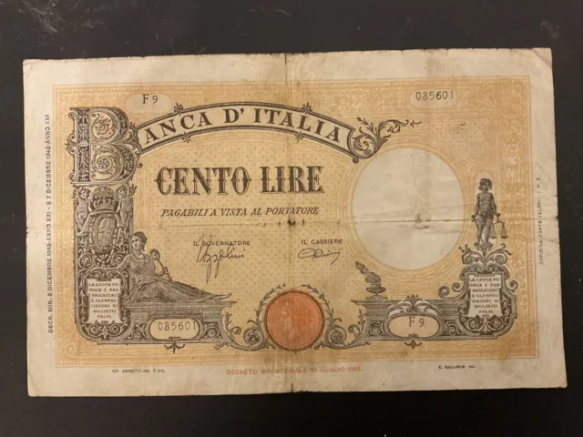 Banconota Da 100 Lire- Barbetti- Decreto Ministeriale 9 Dicembre 1942- Regno