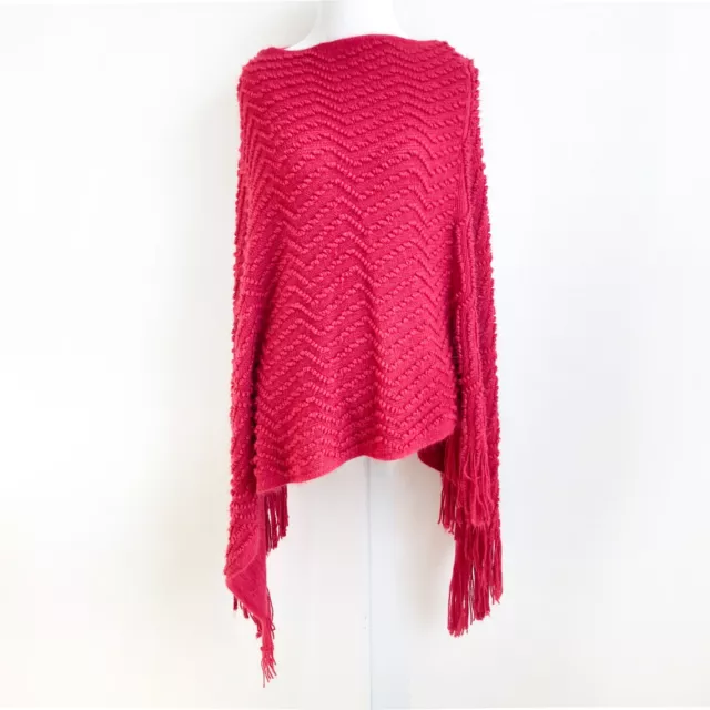 Sweater Knit Poncho with Fringe One Size Textured Zig Zag Red