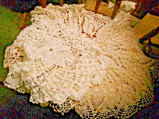 3 Vintage Circular Hand Crocheted Doilies - White & Off-White