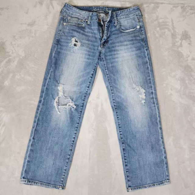 American Eagle Jeans Womens 6 Boy Fit Blue Denim Stretch Straight Leg Distressed