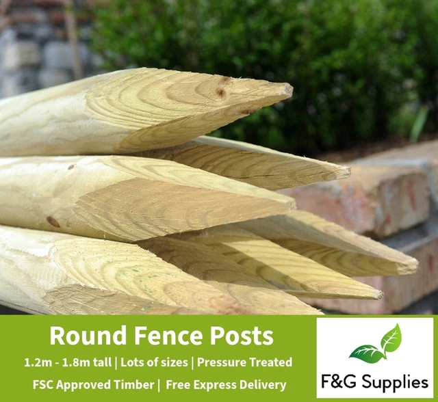 Suregreen 5 Pack Round Fence Posts - 1.8m X 50mm Green Treated Wooden Stakes For Gardening, Landscaping & Tree Support-1044034