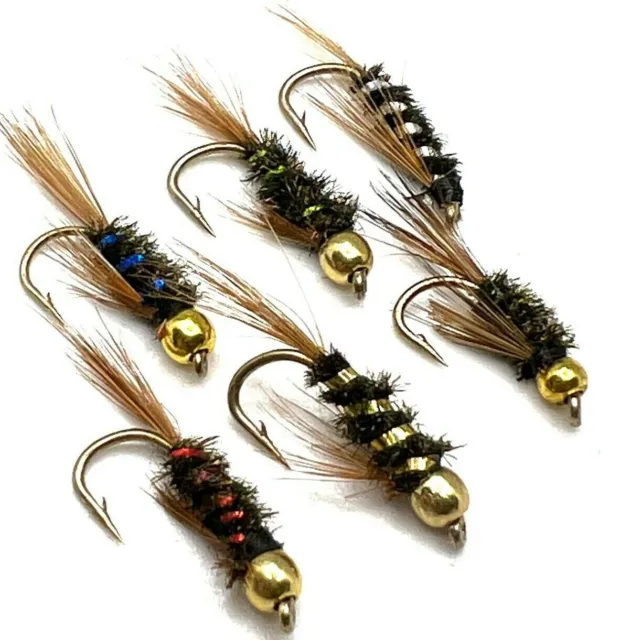6 8 or 12 Trout Fly Fishing flies Assorted GOLD HEAD DAIWL BACH BARBED/BARBLESS