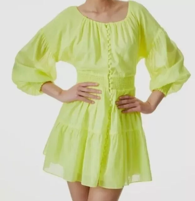 Alice + Olivia Kiara Button-Front Tiered Short Dress sz 8 Neon Key Lime $495