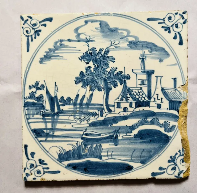 17th or 18th Century Dutch Blue and White Delft Tile - Dutch Landscape A11