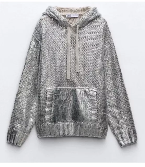 ZARA WOMAN NEW With Tags FW23 SILVER FOIL HOODED KNIT SWEATSHIRT