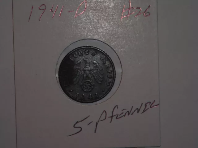 German Coin Lot #26 1941-D Third Reich 5 Reichspfennig Germany Ww2 Coin