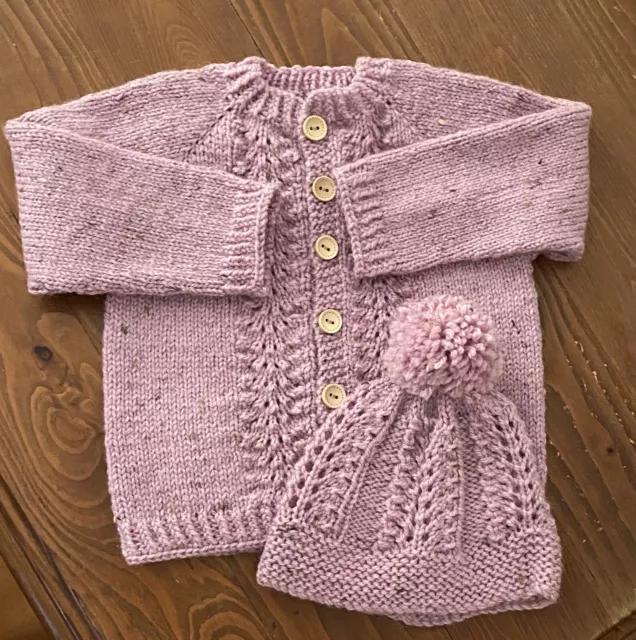 Baby Cardigan & Beanie Hand Knitted/Pink/6-12 Months Australian Wool/Made In Au