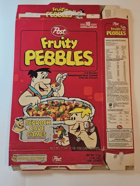 1992 POST FRUITY PEBBLES Empty CEREAL BOX Flat Bedrock Cave Games Promo