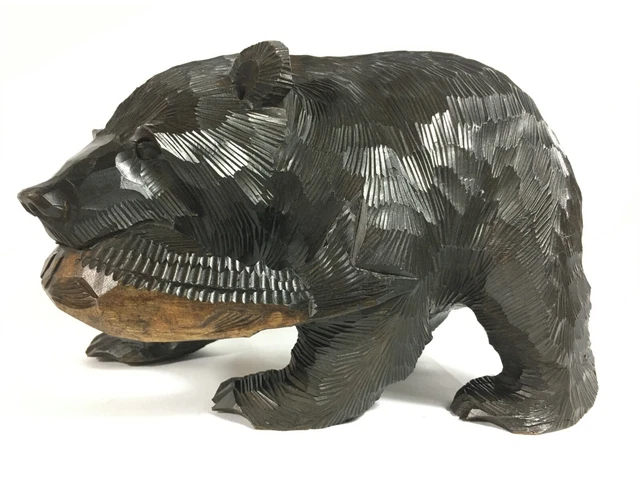 BLACK BEAR JAPANESE Ainu Wood Carving Holding Fighting Salmon Wandering