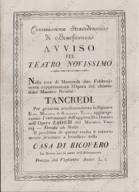 1830c VENEZIA Teatro Novissimo TANCREDI Rossini Casa Ricovero Manifesto