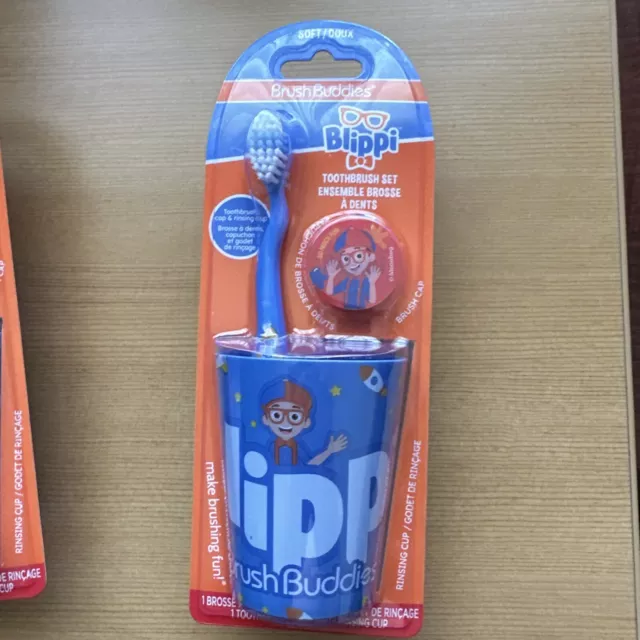 NEW Children's Blippi Brush Buddies 3 Piece Soft Toothbrush, Cup, & Cap Set