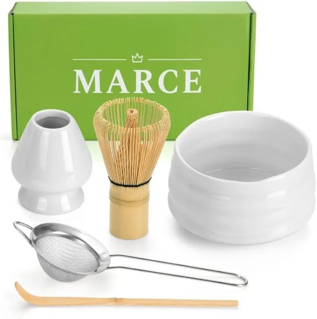 Marce Matcha Tea Set 5 Piece - Bamboo Whisk & Spoon - Ceramic Bowl & Stand