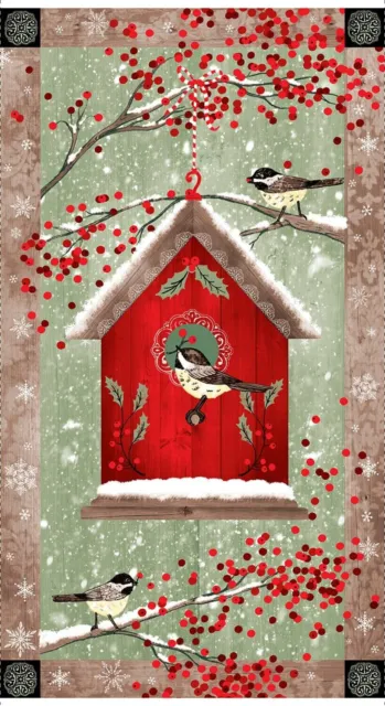 Christmas Fabric Chickadee Chior Birdhouse Berries Cotton StudioE 24" Panel